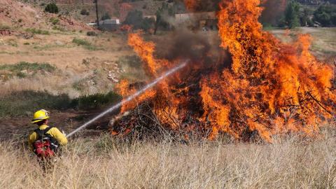 wildland firefighter putting out fire in an open field