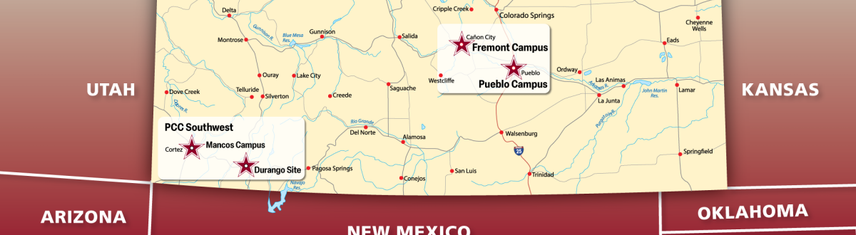 Map indicating PCC's service areas in Pueblo, Canon City, Mancos/Cortez, and Durango Colorado