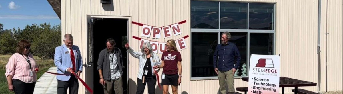 Kevin Aten, Chris LaRose and Melissa Watters cut the ribbon Tuesday morning at Pueblo Community College’s new STEM building. (Cameryn Cass/The Journal)
