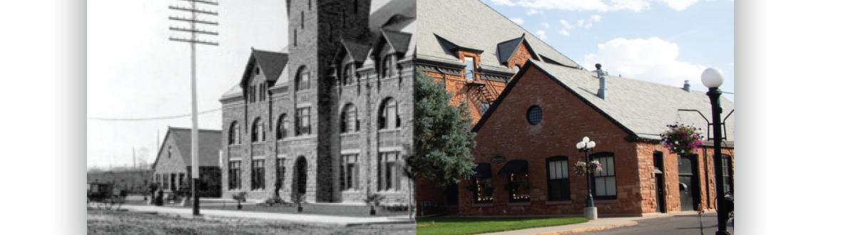 Photo of historic building in Pueblo split to show how it looked in the past and present.