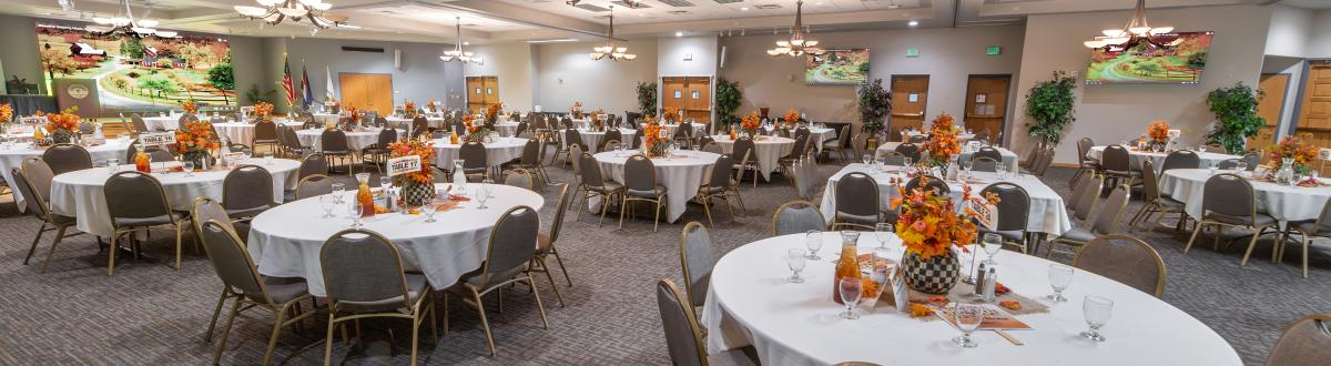 Fortino Ballroom set up for event with fall decorations