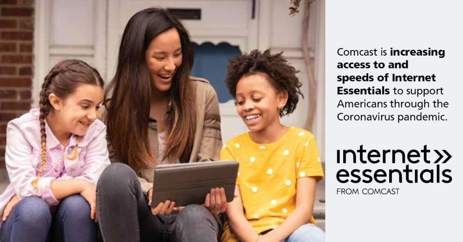 Photo of woman and two kids looking at a tablet: Comcast is increasing access to and speeds of Internet Essentials to support Americans through the Coronavirus pandemic.