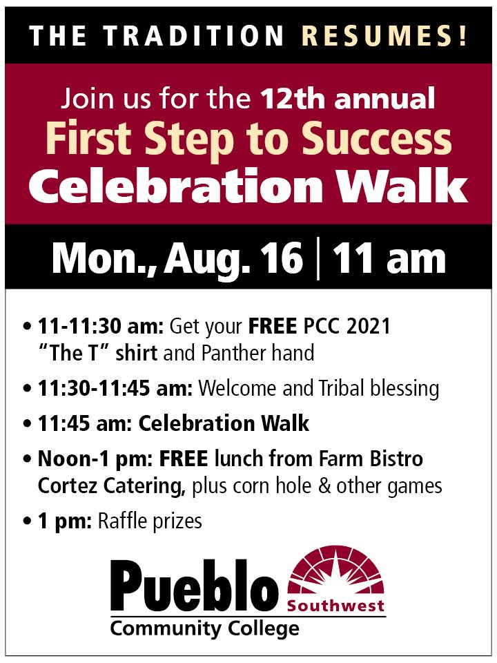 11- 11:30 am: Get your FREE PCC "The T" shirt and Panther hand, 11:30-11:45 am: Welcome and Tribal Blessing, 11:45 am: Celebration Walk, Noon t0 1 pm: FREE lunch from Farm Bistro Cortez Catering, plus corn hole and other games, 1 pm: Raffle prizes