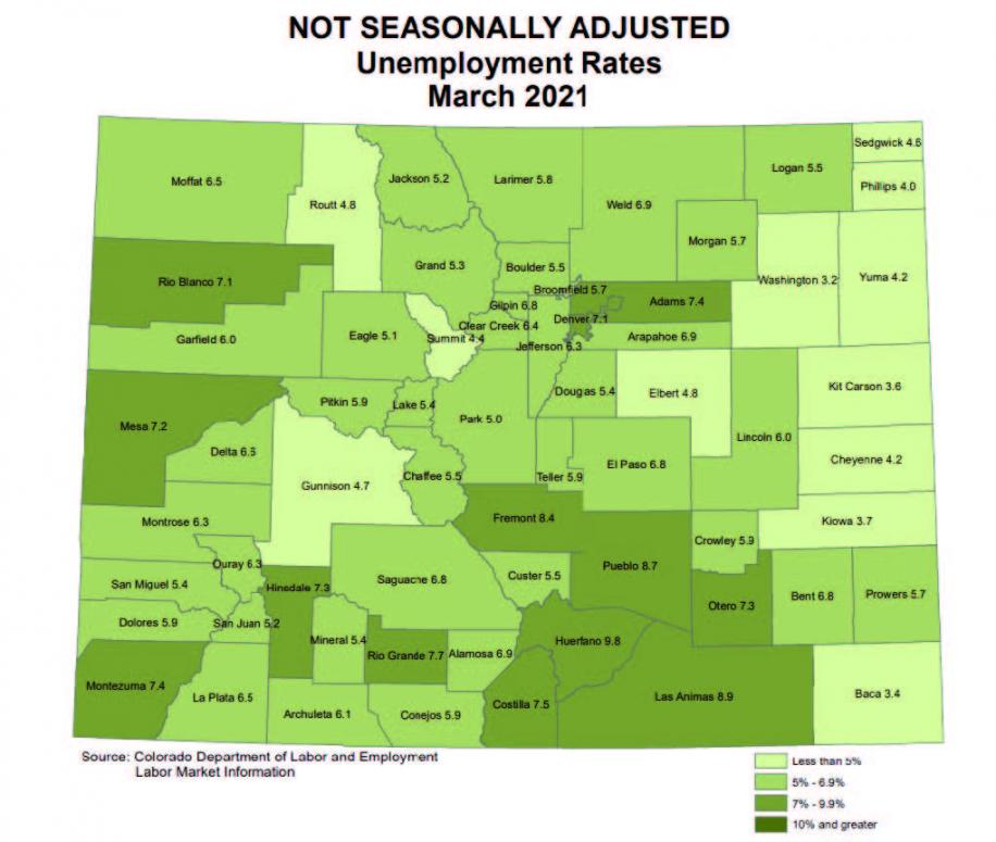 Colorado unemployment rates by county in March 2021