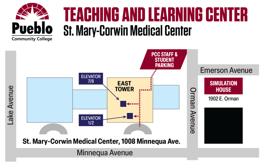 Map of PCC's Teaching and Learning Center ay St. Mary-Corwin Medical Center