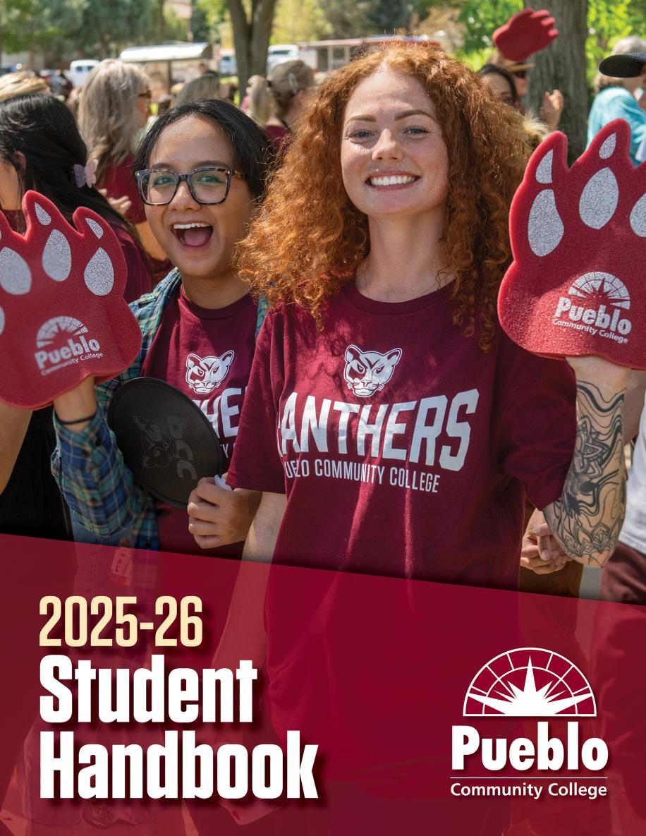 PCC Student Handbook 2025-2026 - photo of 2 female PCC students holding up foam panther paws