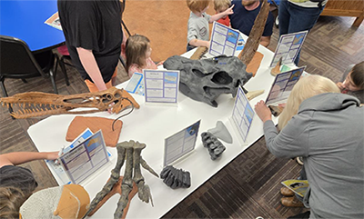 Photo of children looking at dinosaur fossils inside the STEM Center