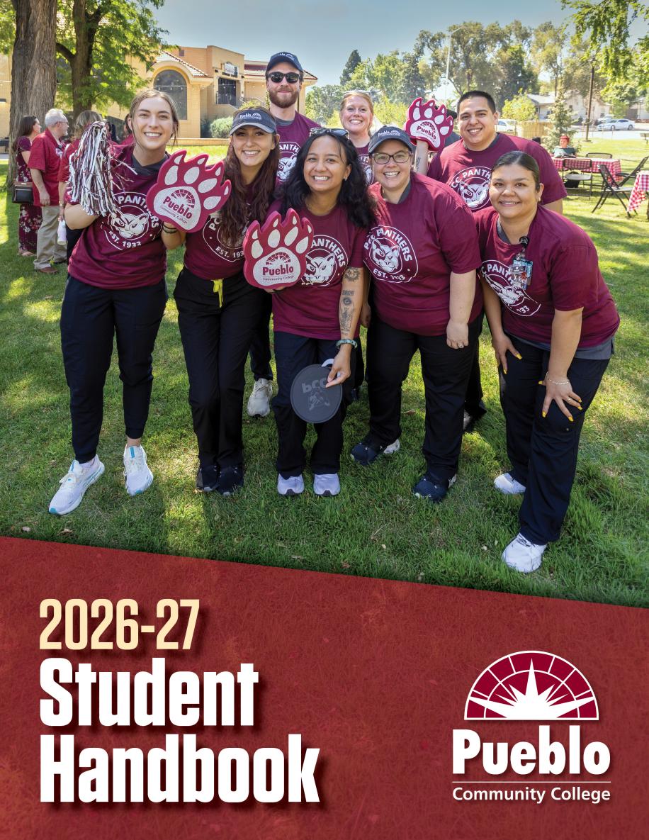 Pueblo Community College 2026-2027 Student Handbook Cover: Group of students holding up foam Panther paws and wearing matching PCC t-shirts.
