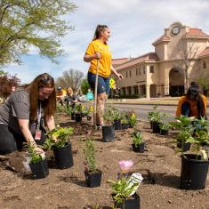 members of STEAM Club planting plants on the Pueblo Campus.